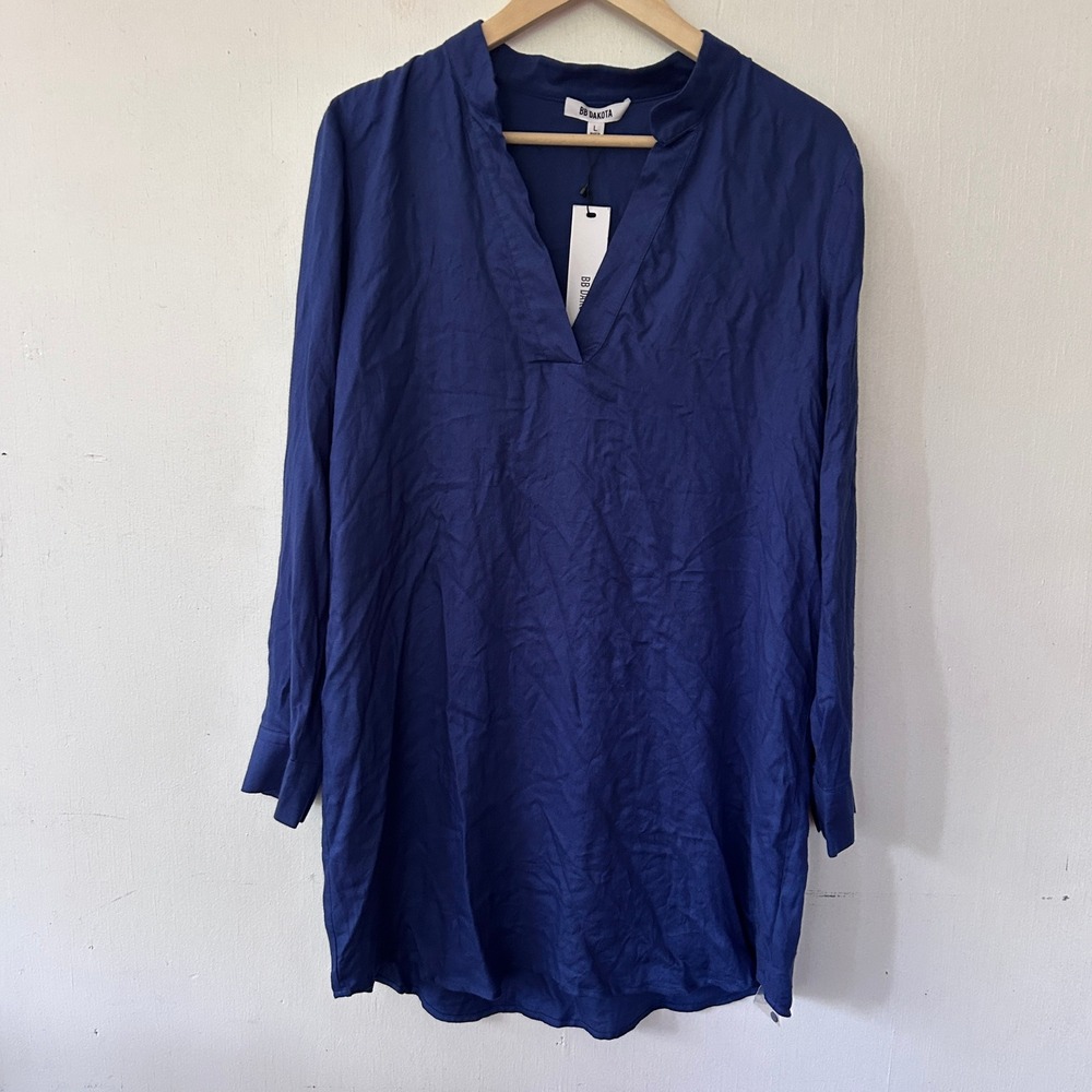 BB Dakota Shift Dress Women L Blue Long Sleeve V-Neck Minimalist Coastal